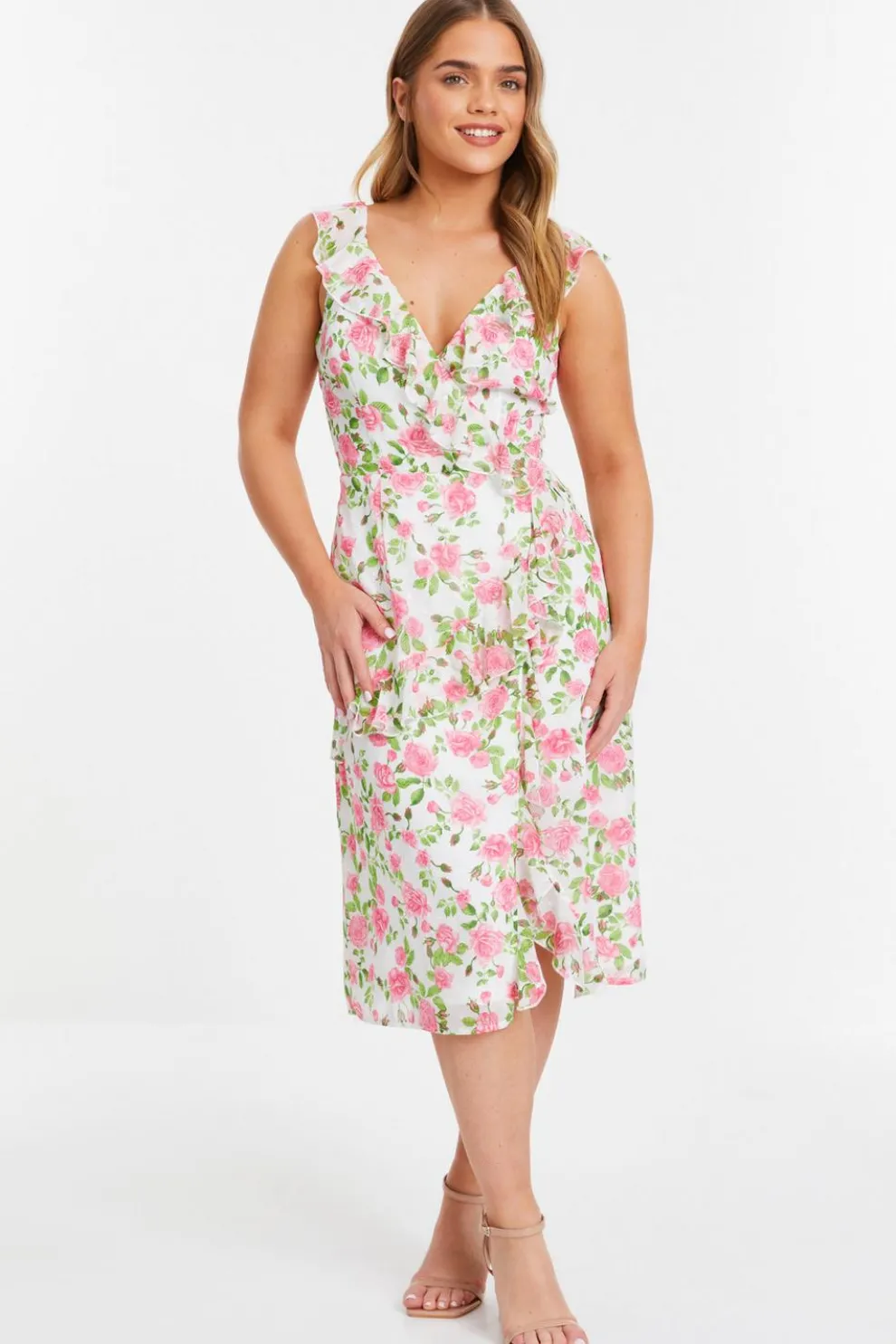 Petite Pink Chiffon Floral Ruffle Wrap Midi Dress