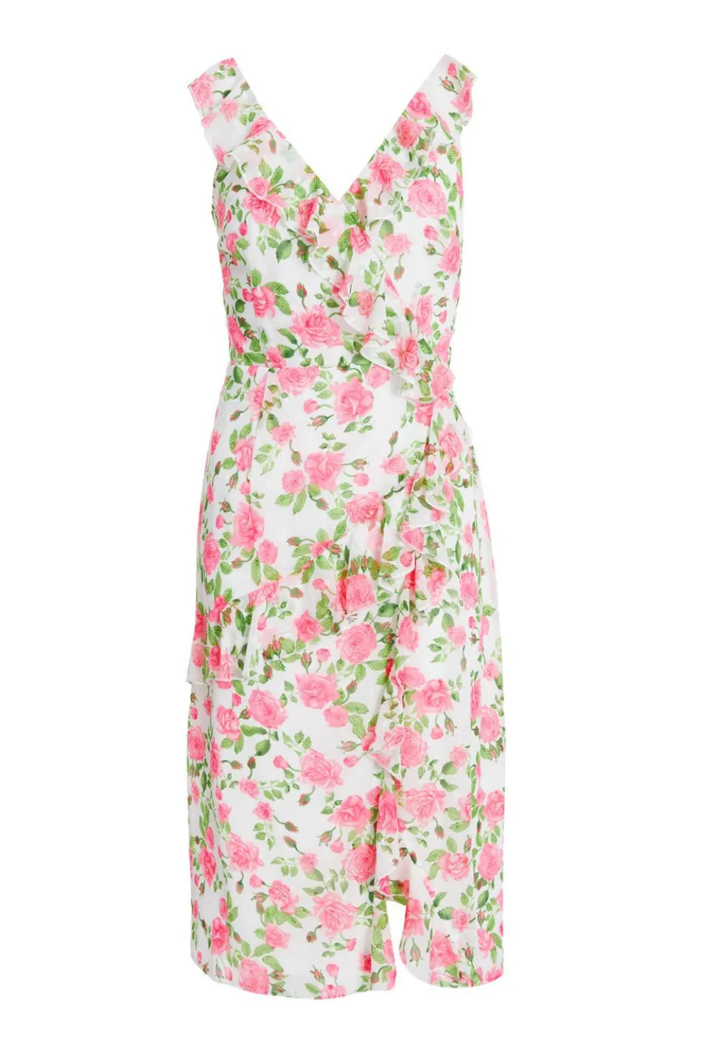 Petite Pink Chiffon Floral Ruffle Wrap Midi Dress