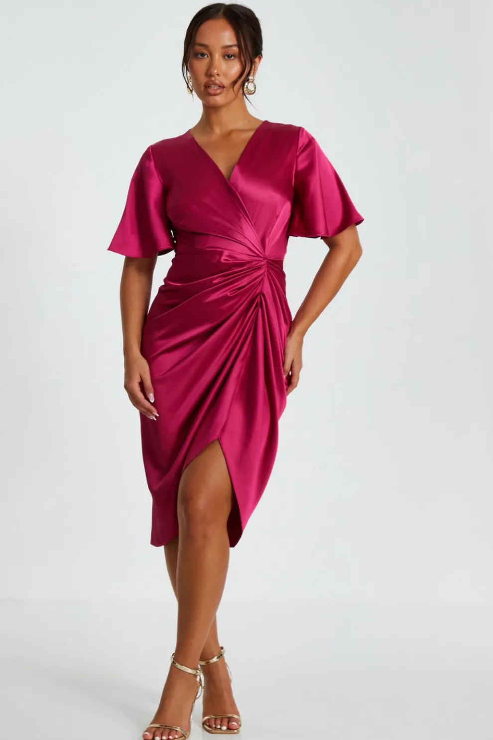 Petite Raspberry Satin Ruched Wrap Midi Dress