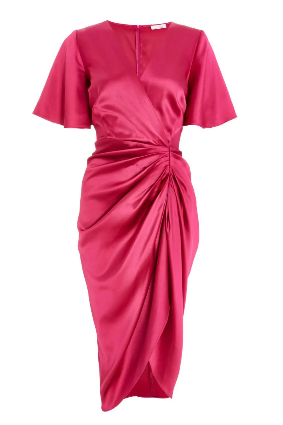 Petite Raspberry Satin Ruched Wrap Midi Dress