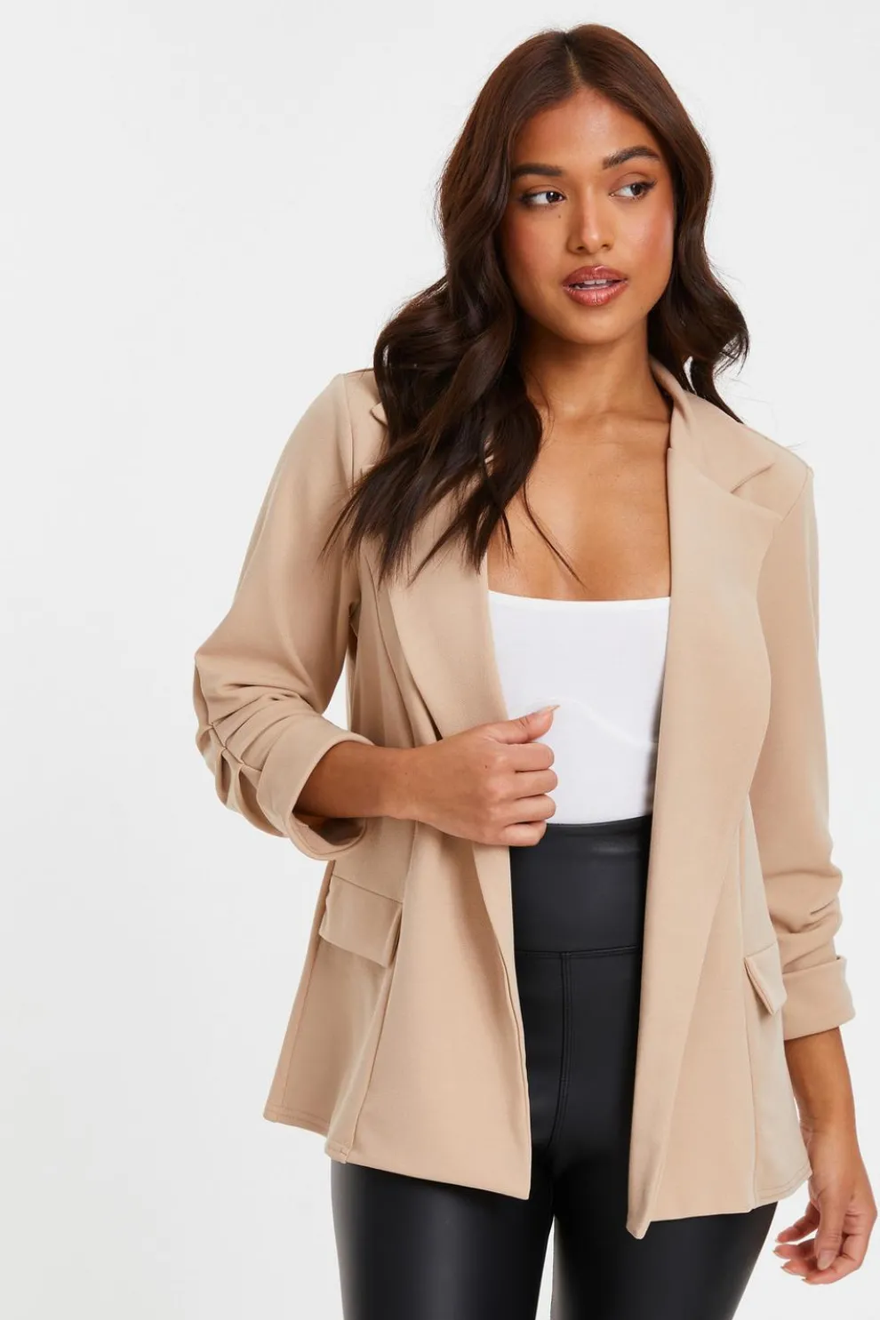 Petite Stone Ruched Sleeve Blazer