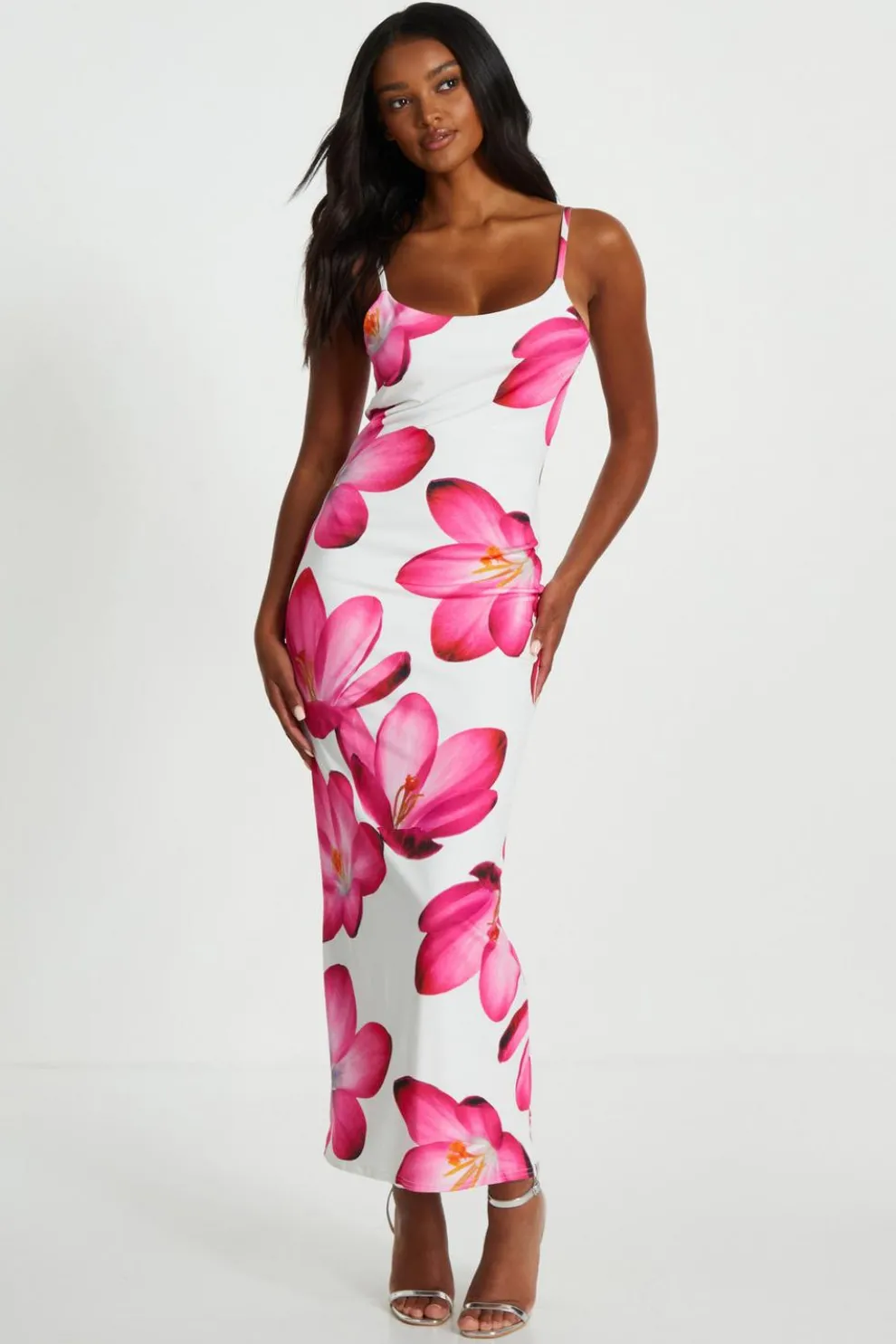 Pink Bold Floral Print Bodycon Maxi Dress