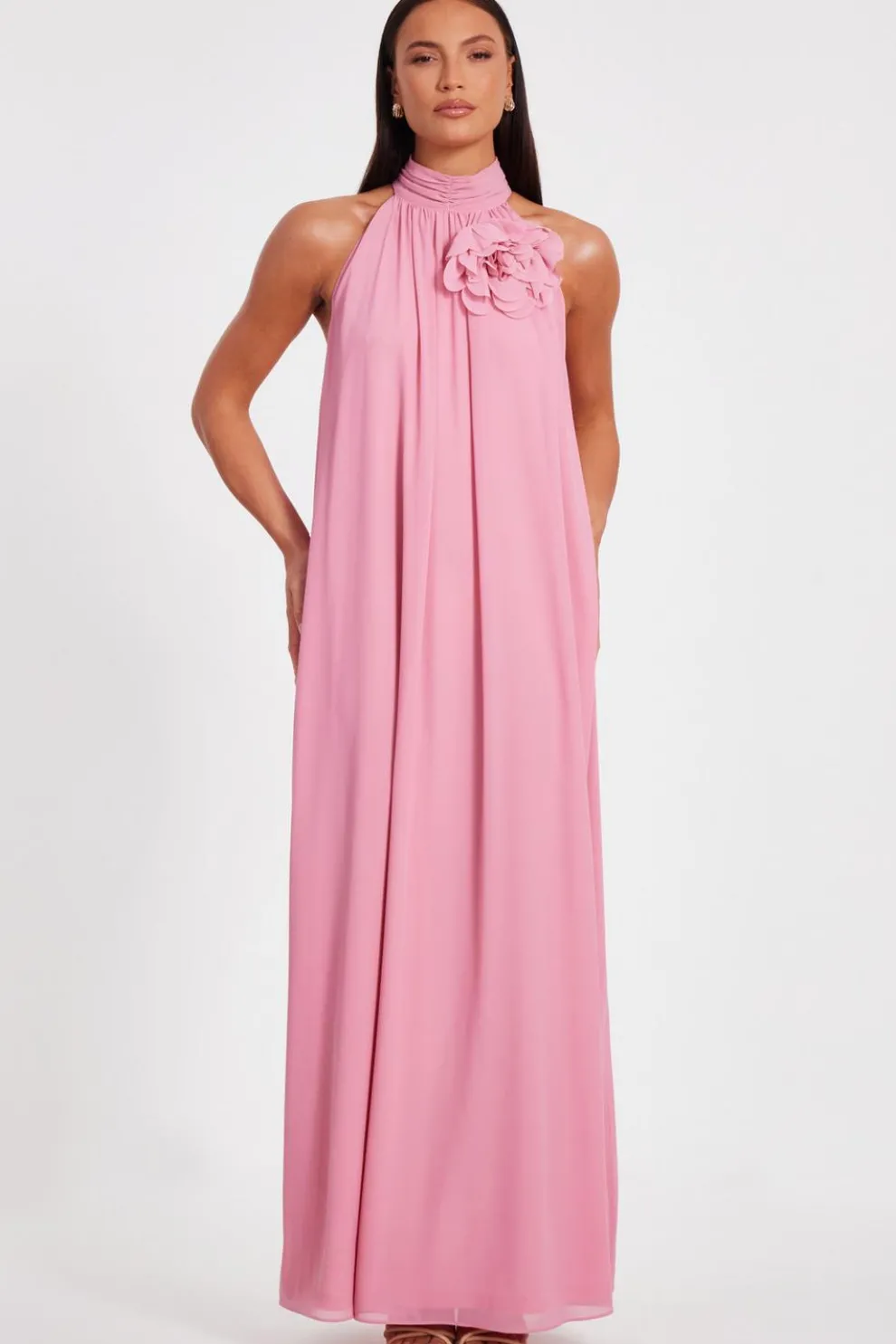 Pink Chiffon Corsage Maxi Dress
