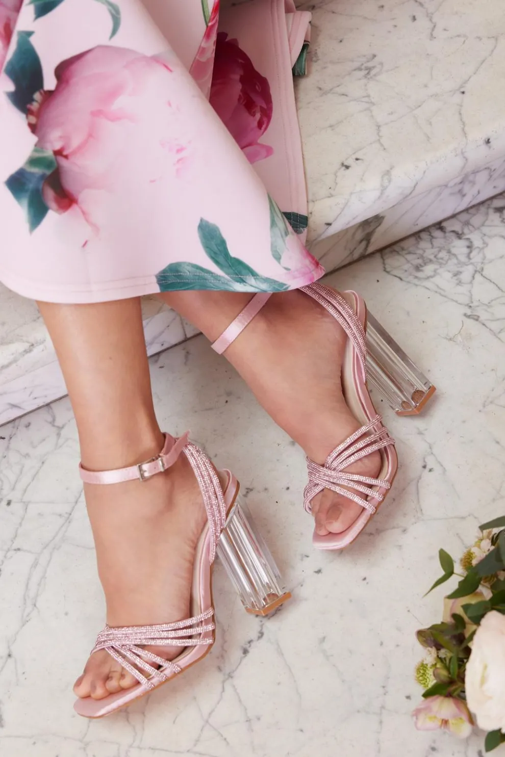 Pink Diamante Strap Heeled Sandals