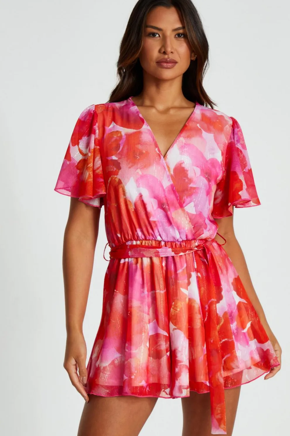 Pink Floral Metallic Wrap Playsuit