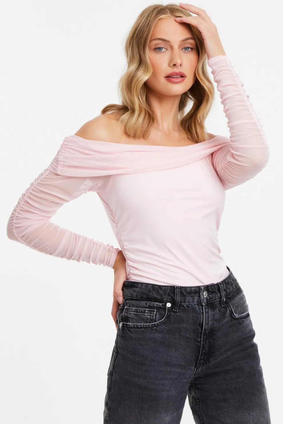 Pink Mesh Bardot Top