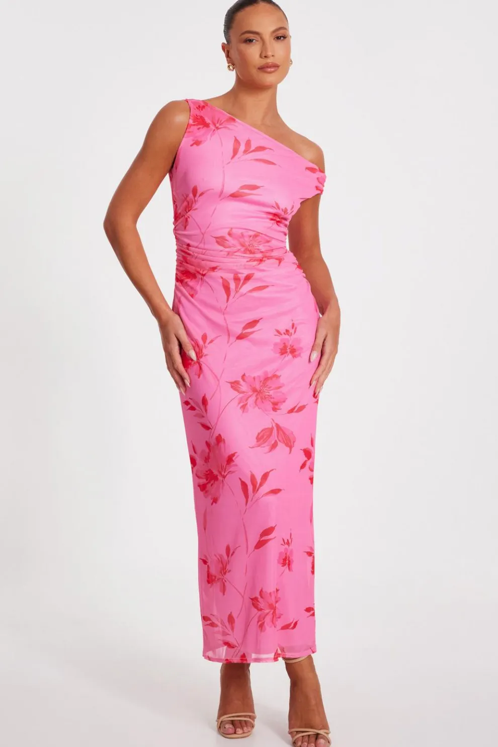 Pink Mesh Floral Print Midaxi Dress