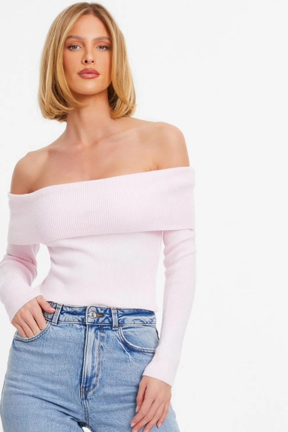 Pink Ribbed Bardot Jumper