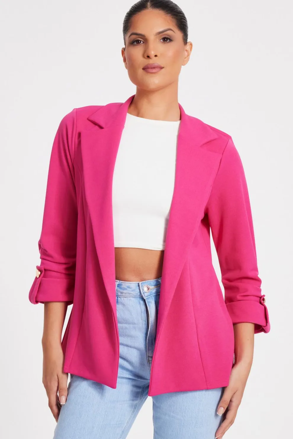 Pink Ruched Sleeve Blazer