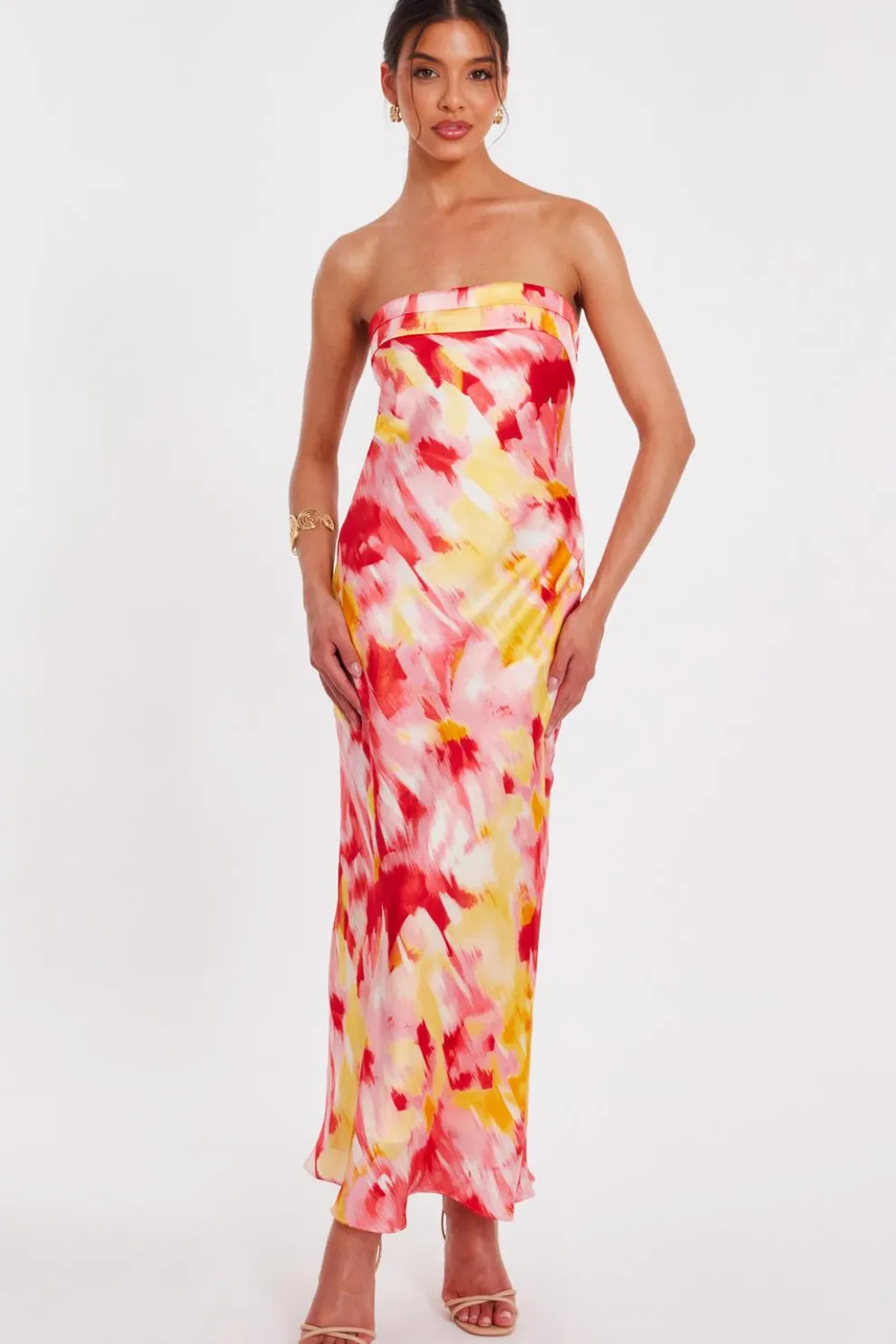 Pink Satin Floral Smudge Maxi Dress
