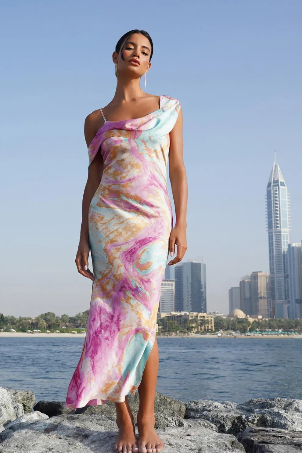 Pink Satin Marble Print Midaxi Dress