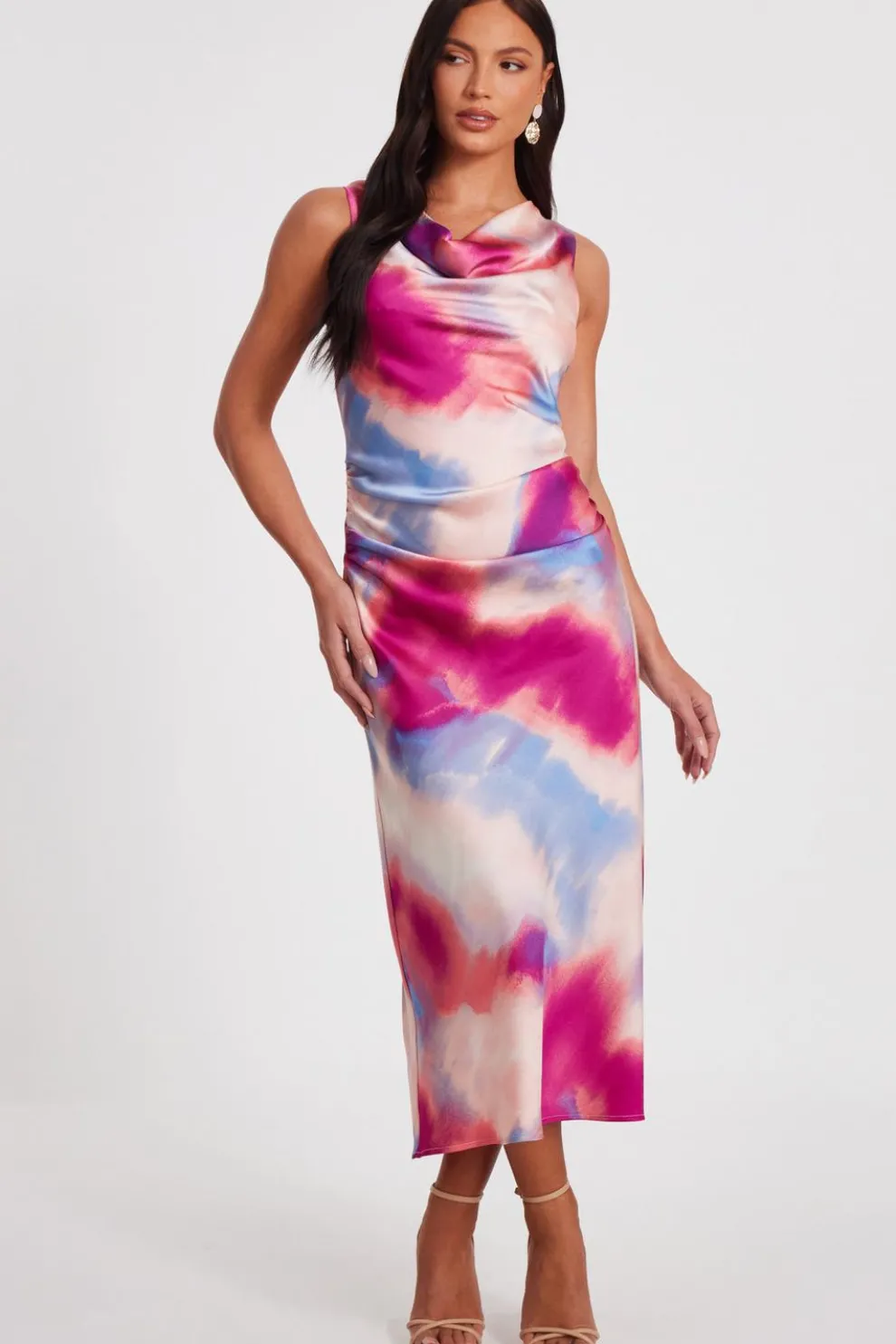 Pink Satin Tie Dye Midi Dress