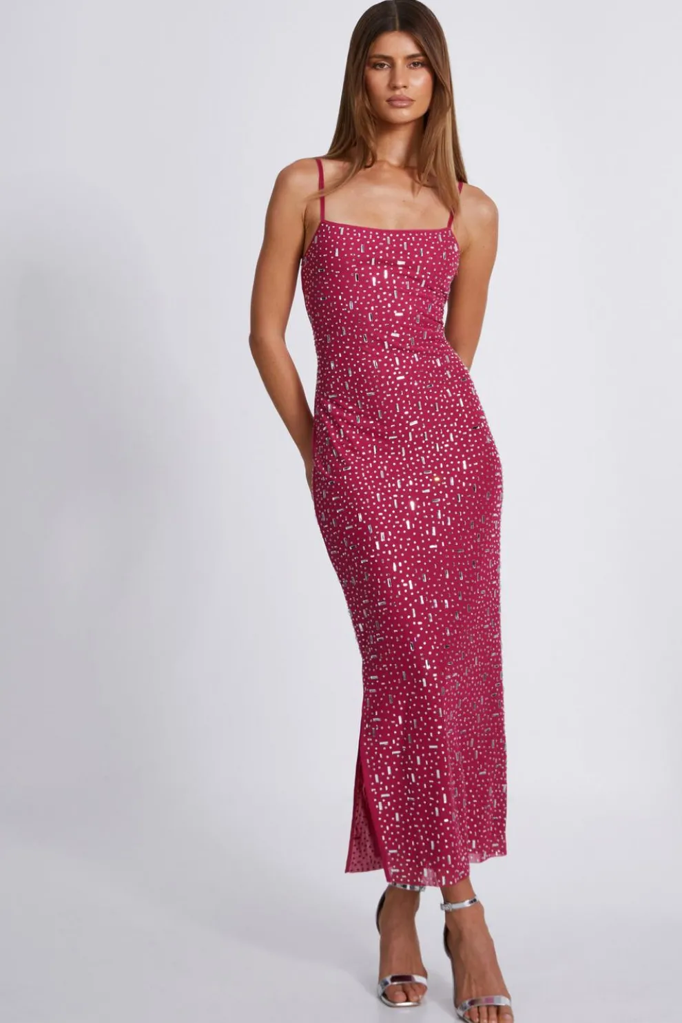 Pink Square Neck Embellished Maxi Dress