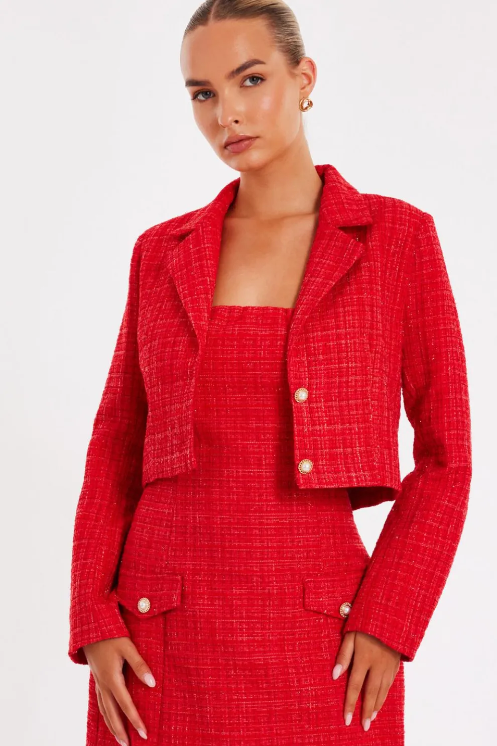 Red Boucle Cropped Blazer
