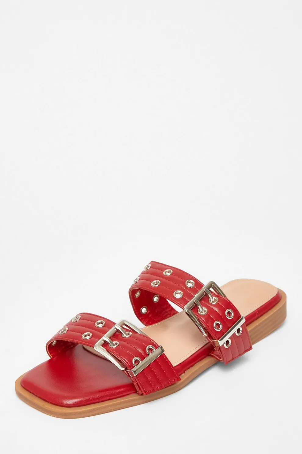 Red Buckle Flat Sandals