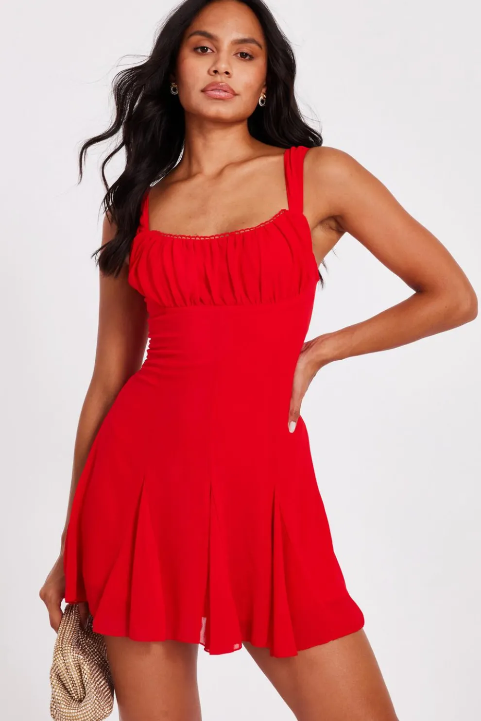Red Chiffon Ruched Mini Dress