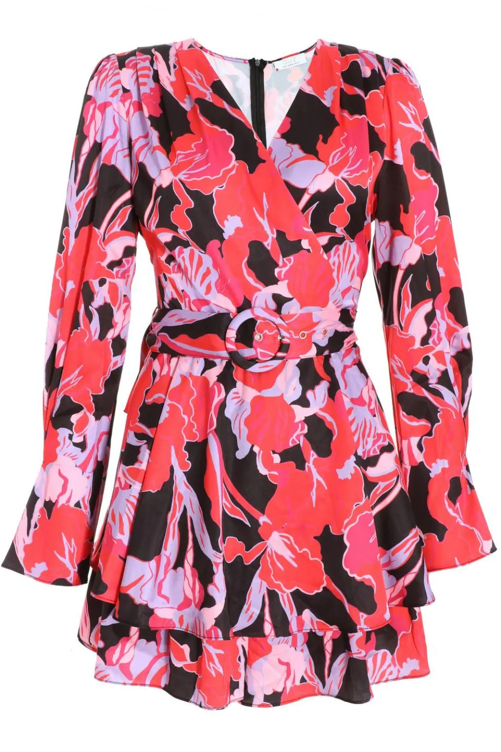 Red Floral Satin Wrap Playsuit