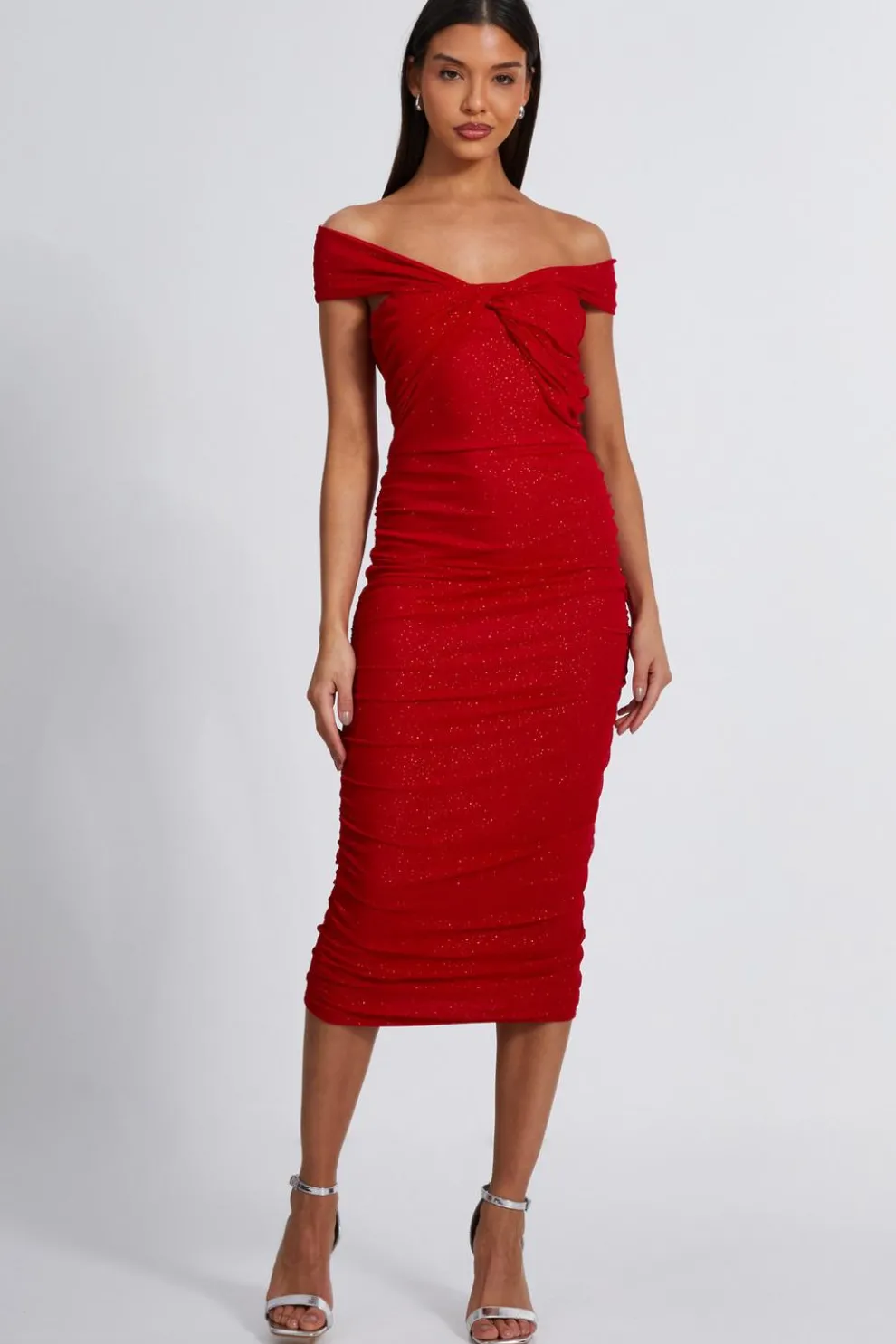 Red Glitter Mesh Midi Dress