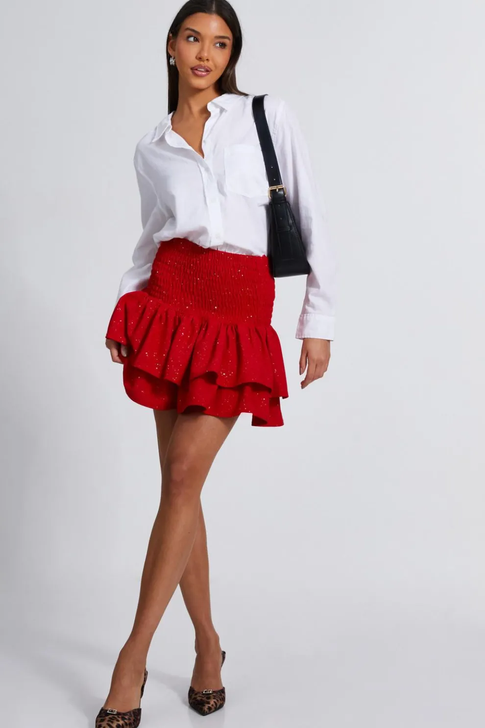 Red Glitter Shirred Waist Skirt