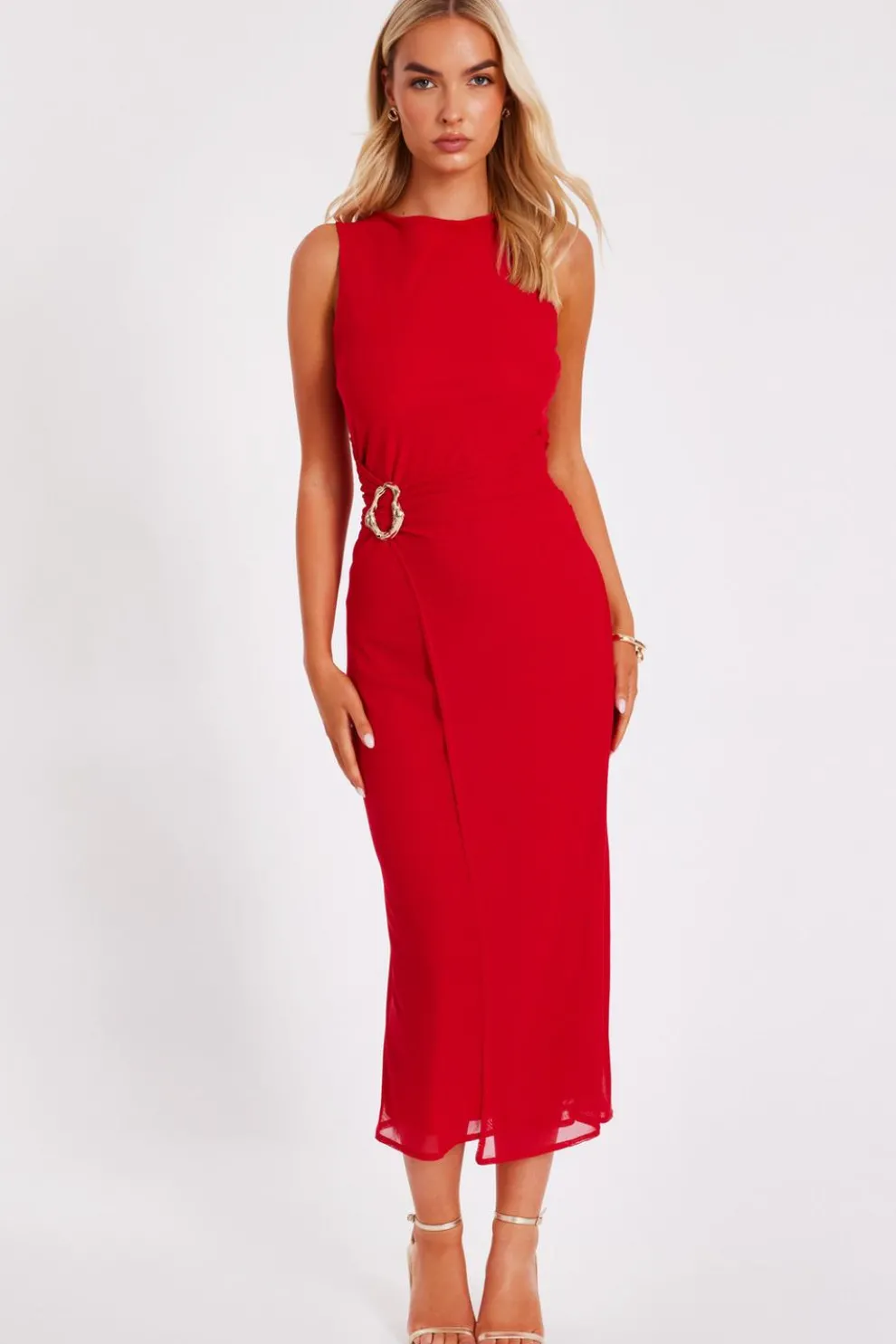 Red Mesh Buckle Midaxi Dress