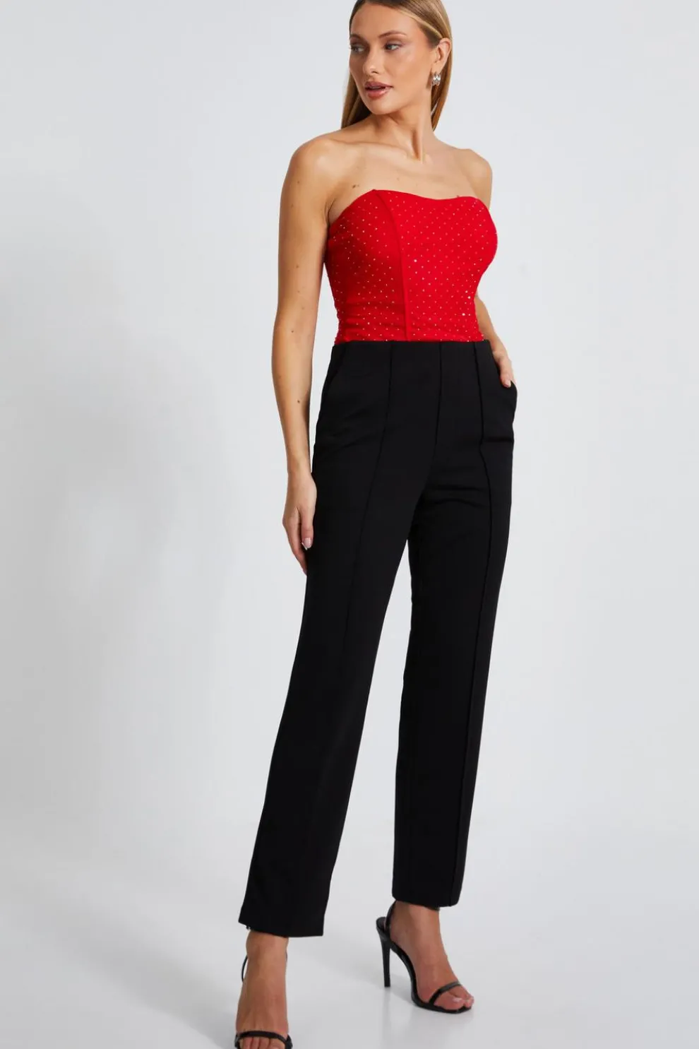 Red Mesh Embellished Bodysuit