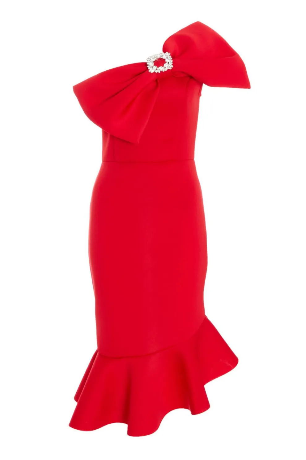Red One Shoulder Bow Midi Dress