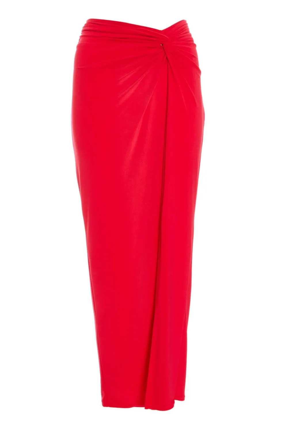 Red Ruched Split Maxi Skirt