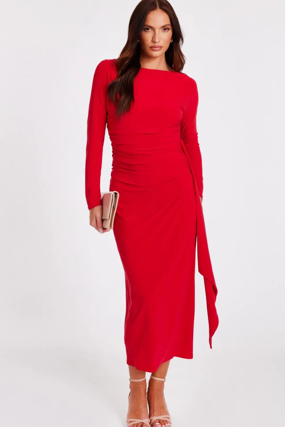 Red Ruffle Side Midi Dress