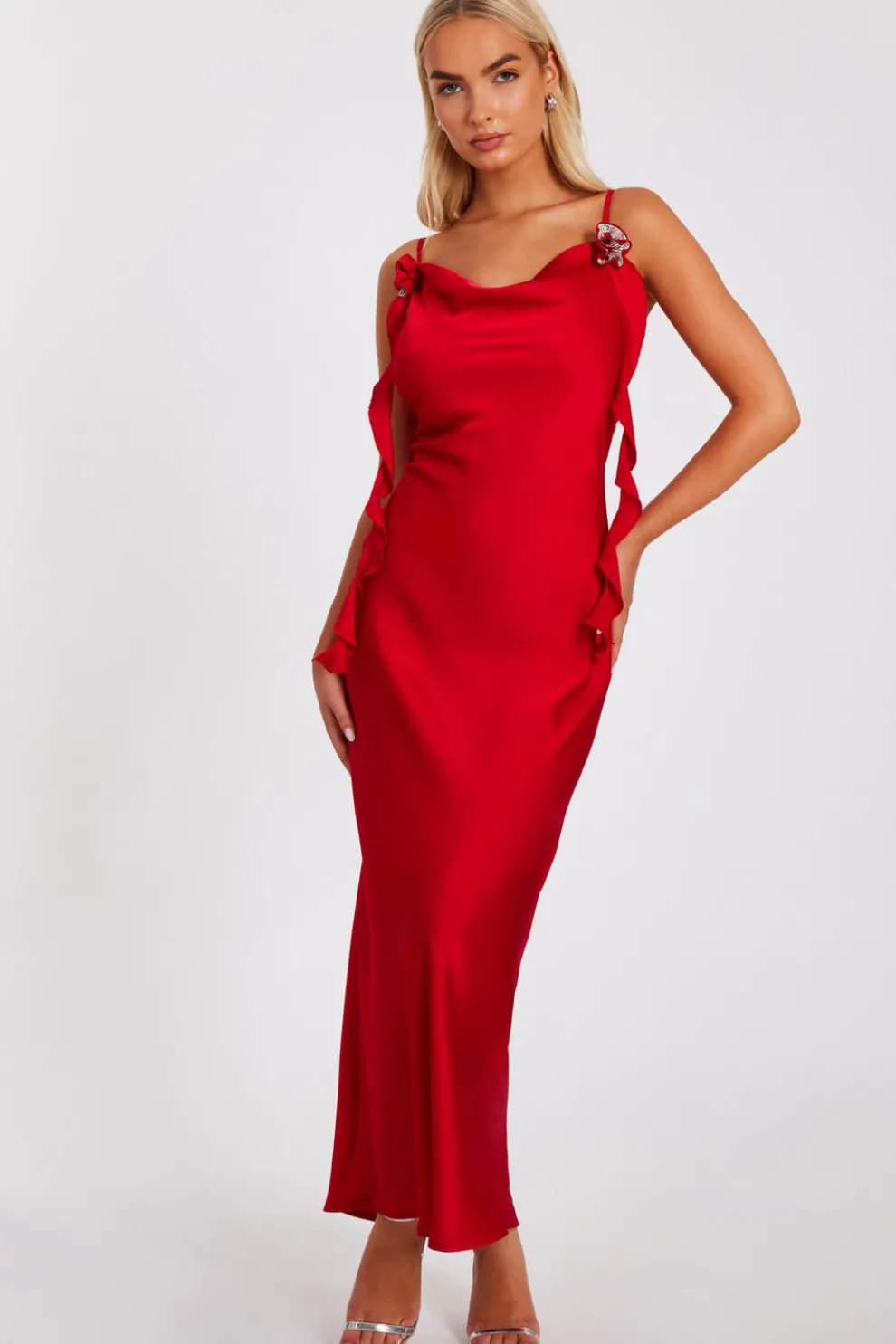 Red Satin Corsage Midaxi Dress