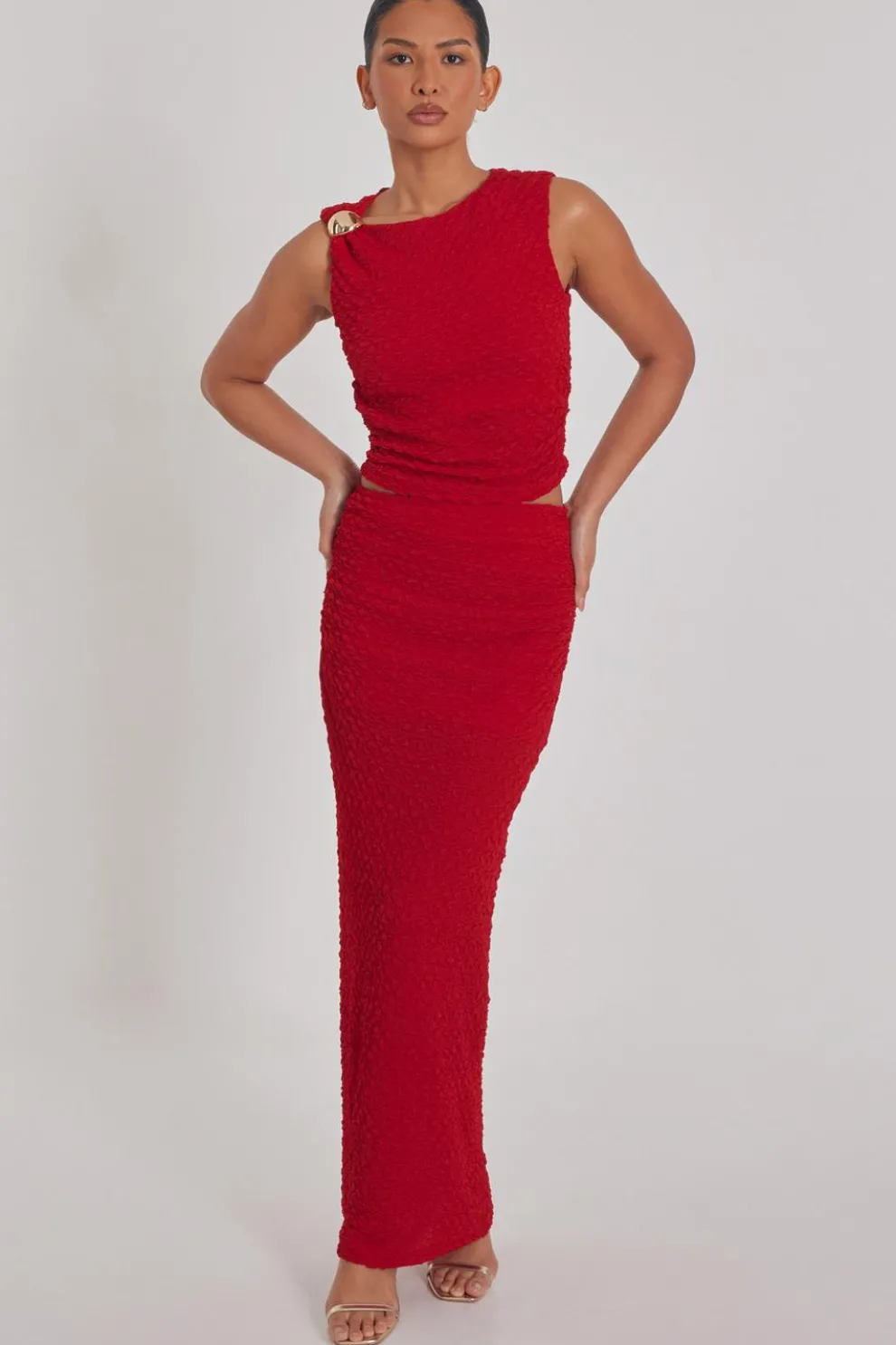 Red Textured Maxi Skirt