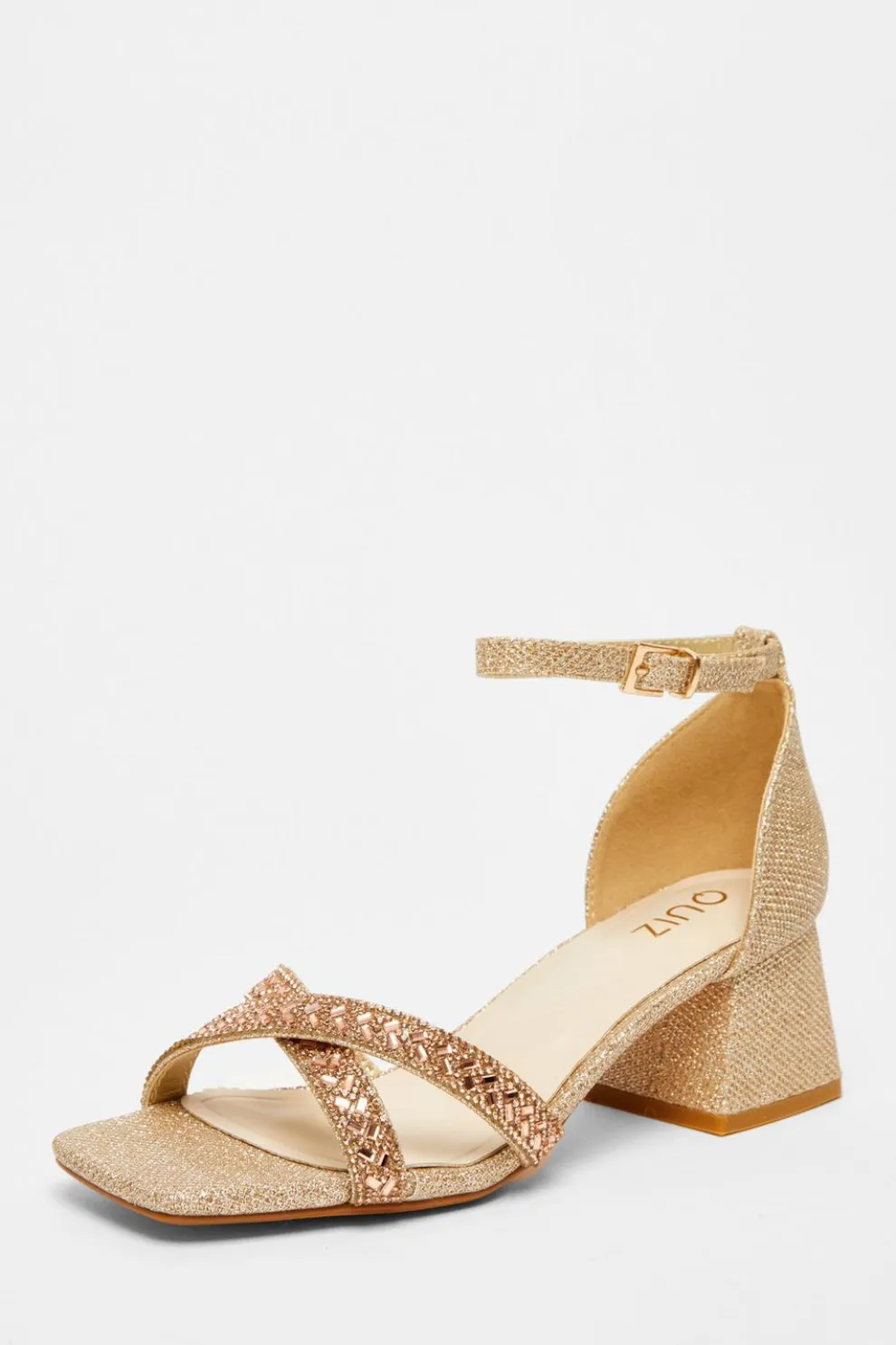 Rose Gold Diamante Low Block Heels