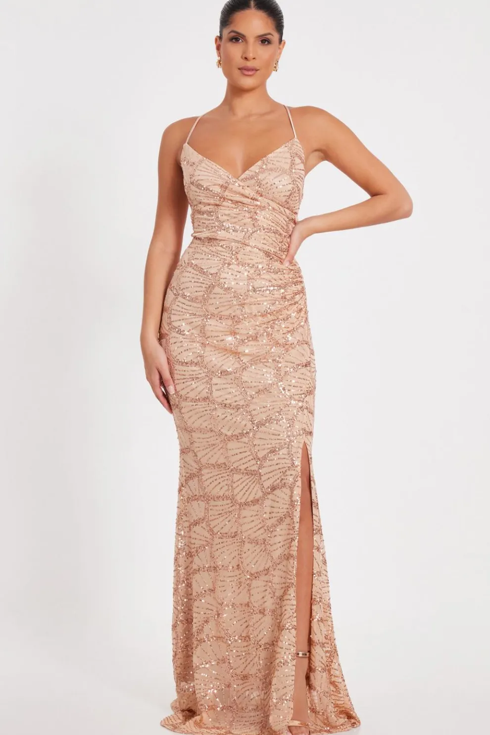 Rose Gold Sequin Fishtail Maxi Dress