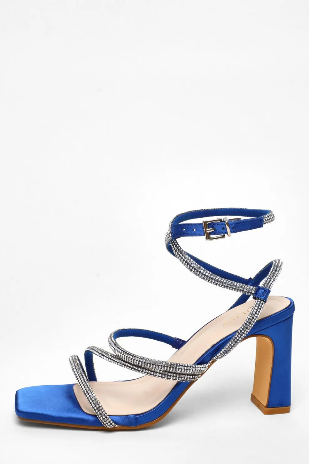 Royal Blue Diamante Strappy Block Heeled Sandals