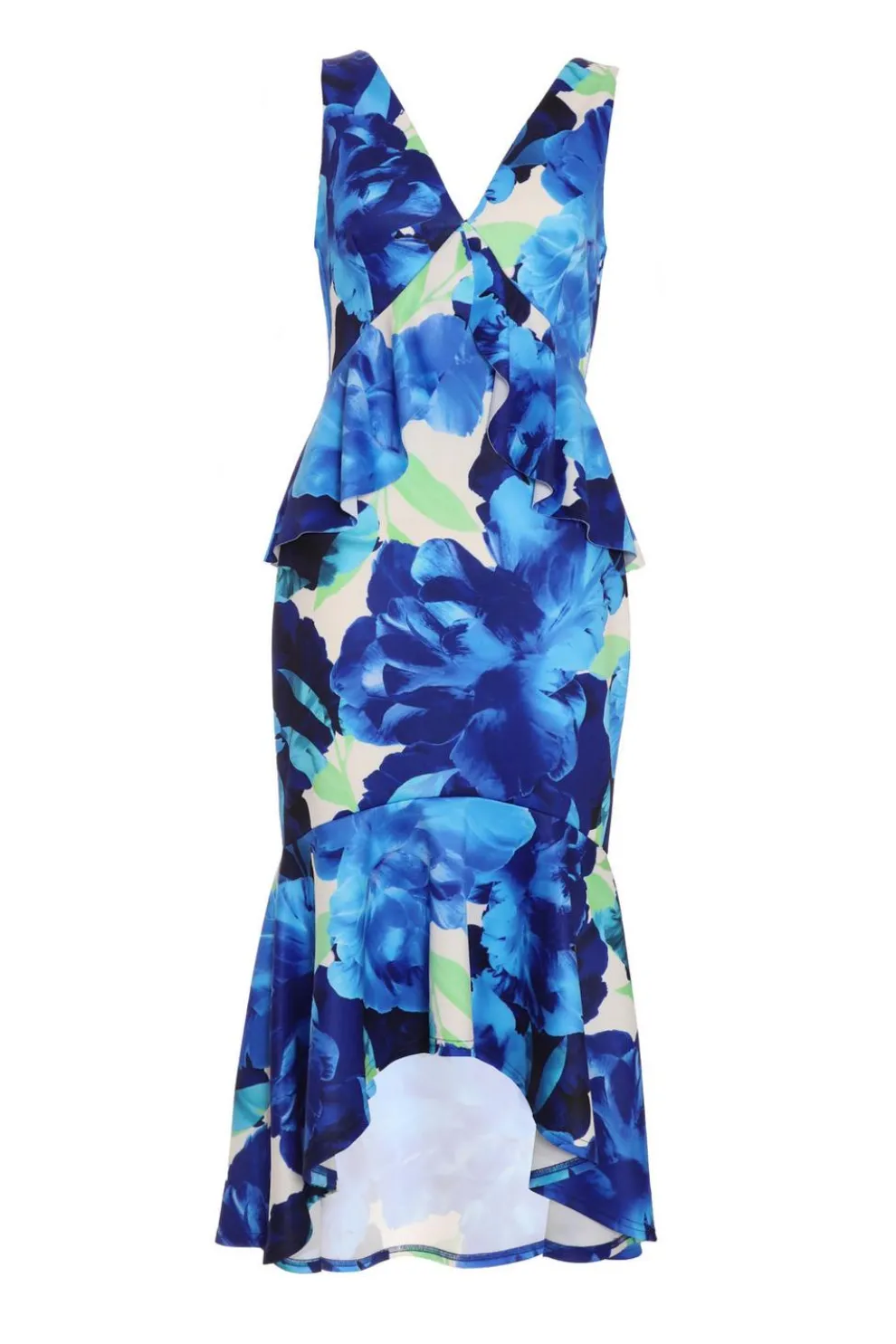 Royal Blue Floral Frill Midi Dress