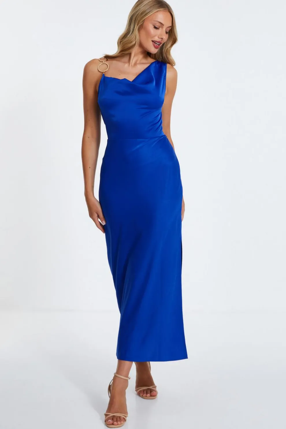 Royal Blue Satin Cowl Neck Midaxi Dress