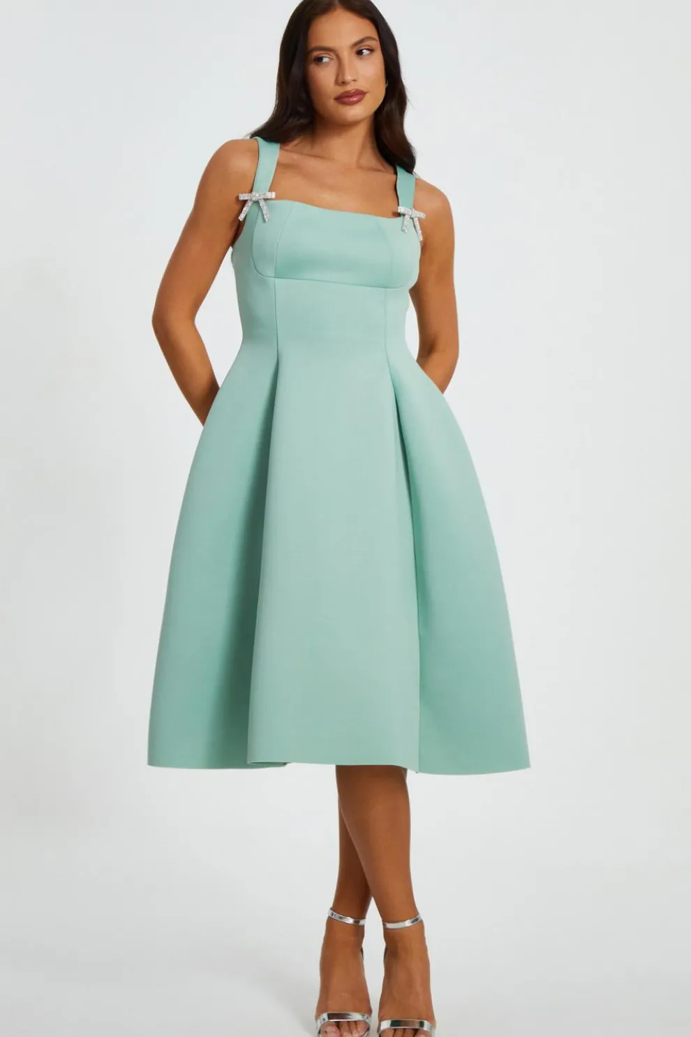 Sage Diamante Bow Midi Dress