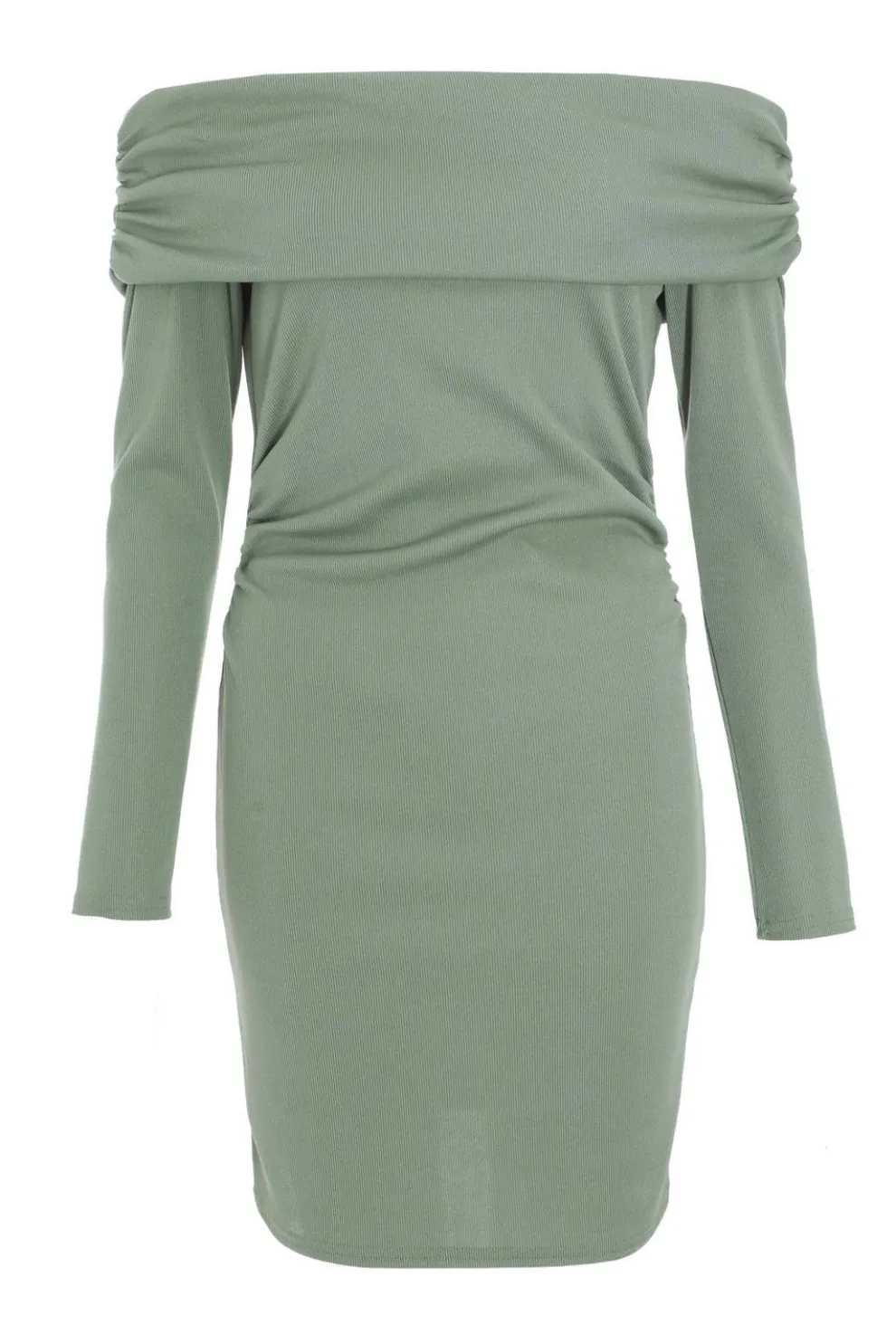 Sage Ribbed Bardot Mini Ruched Dress