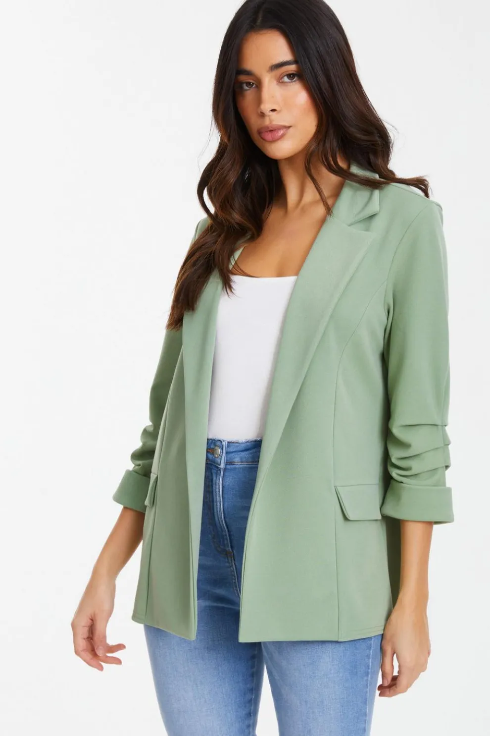 Sage Ruched Sleeve Blazer