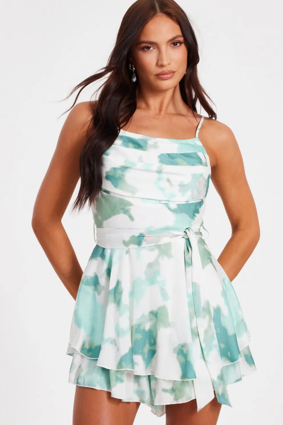 Sage Satin Marble Print Playsuit