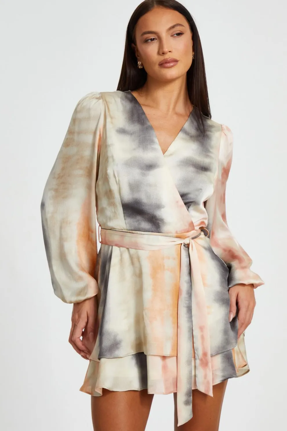 Satin Marble Print Wrap Dress