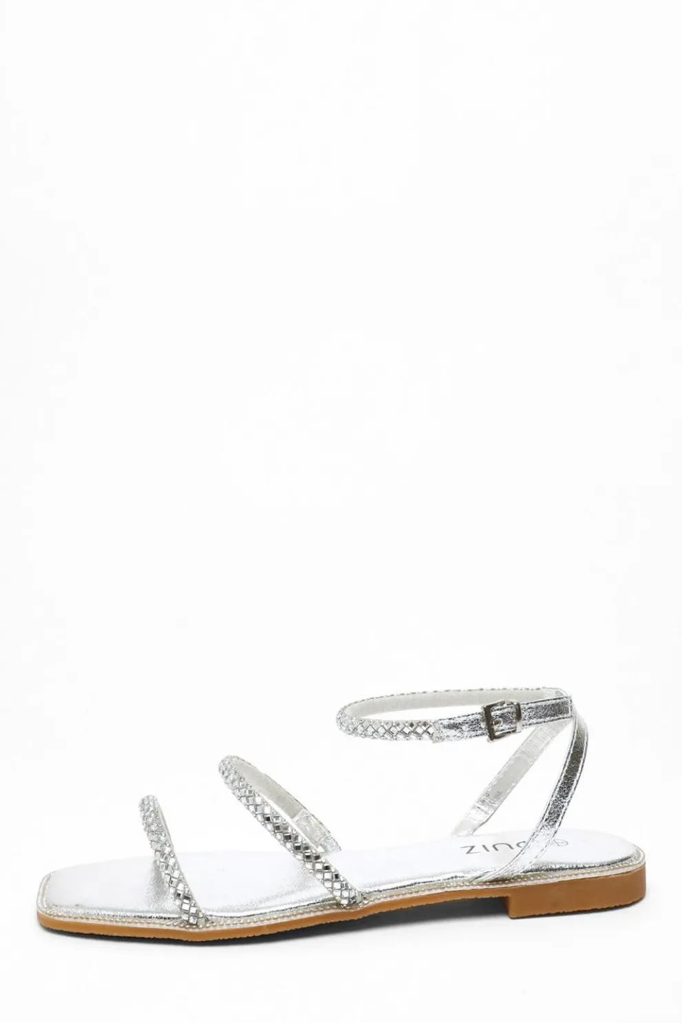 Silver Diamante Double Strap Flat Sandals