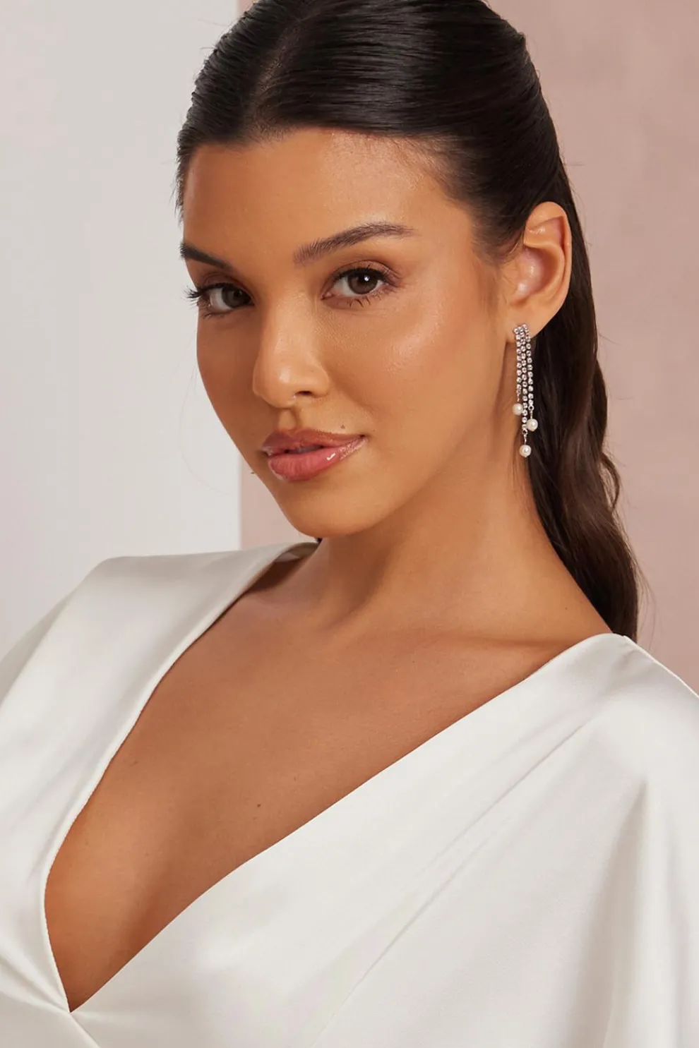 Silver Diamante Pearl Fringe Earrings