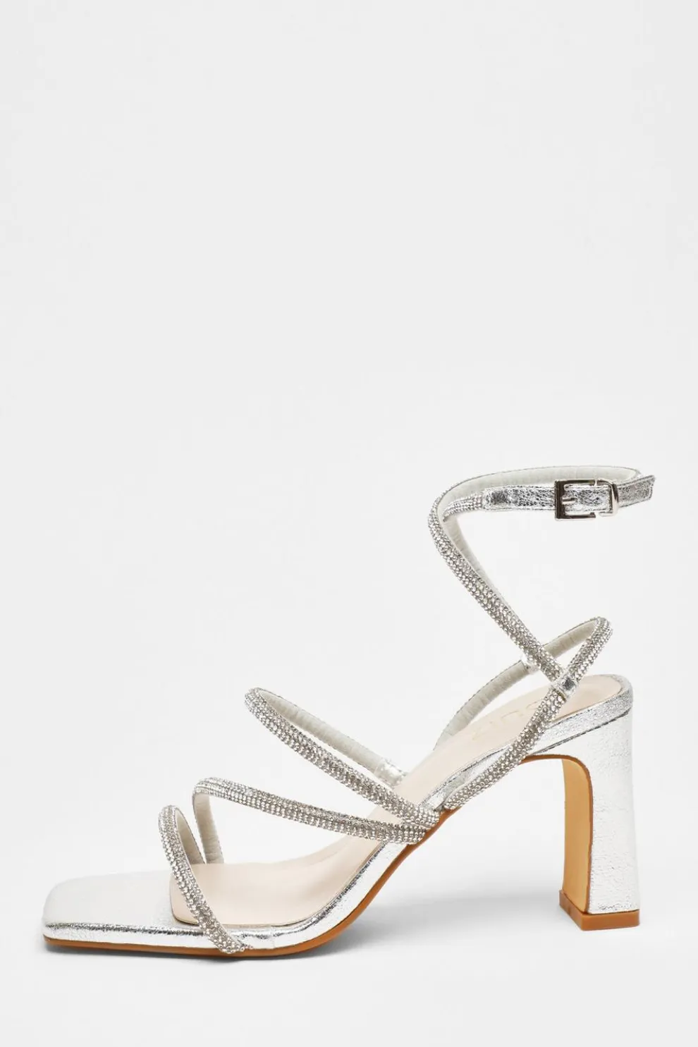 Silver Diamante Strappy Block Heeled Sandals