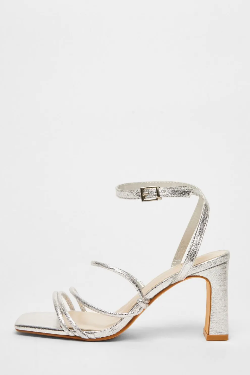 Silver Faux Leather Strappy Heeled Sandals