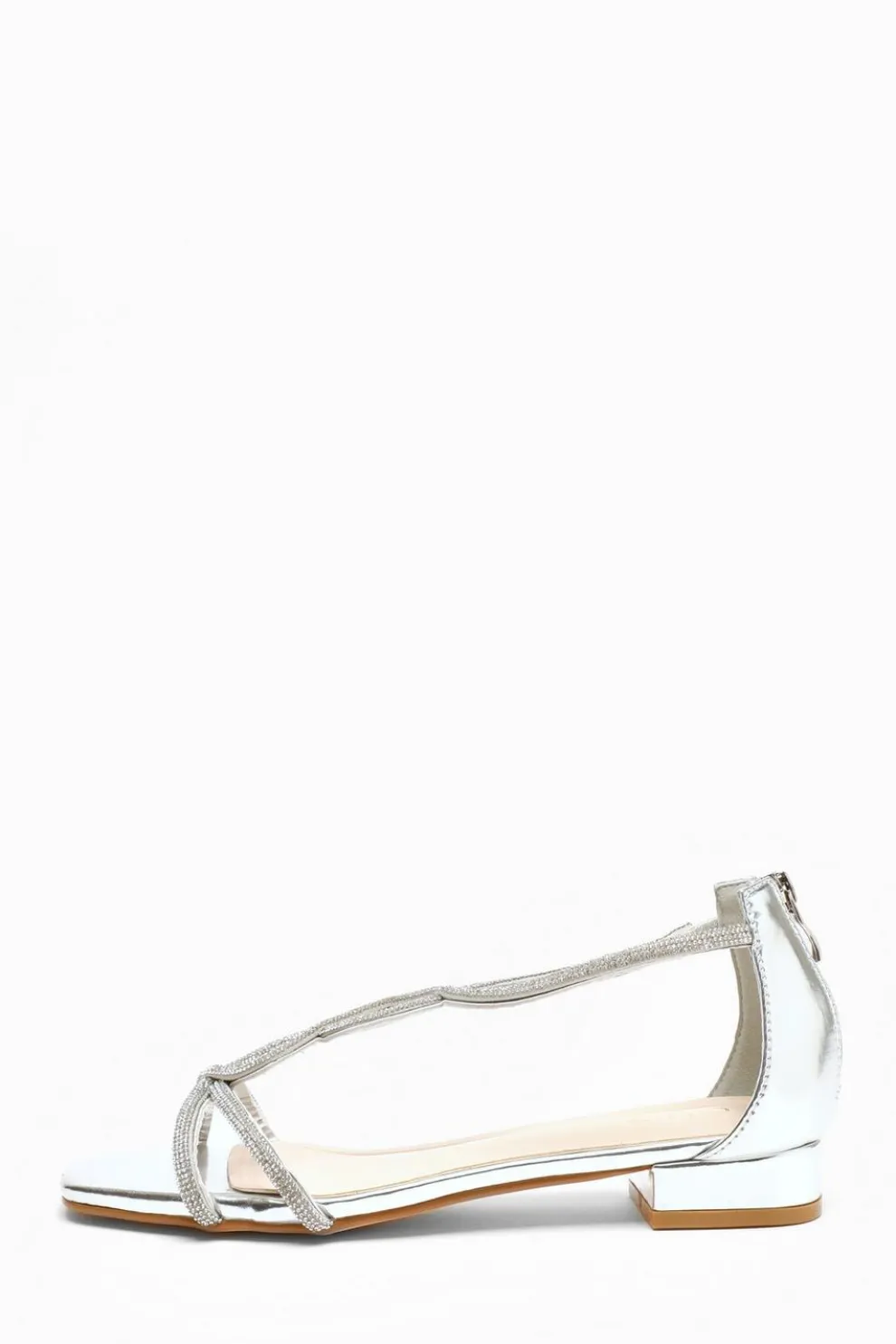 Silver Foil Diamante T-Strap Flat Sandals