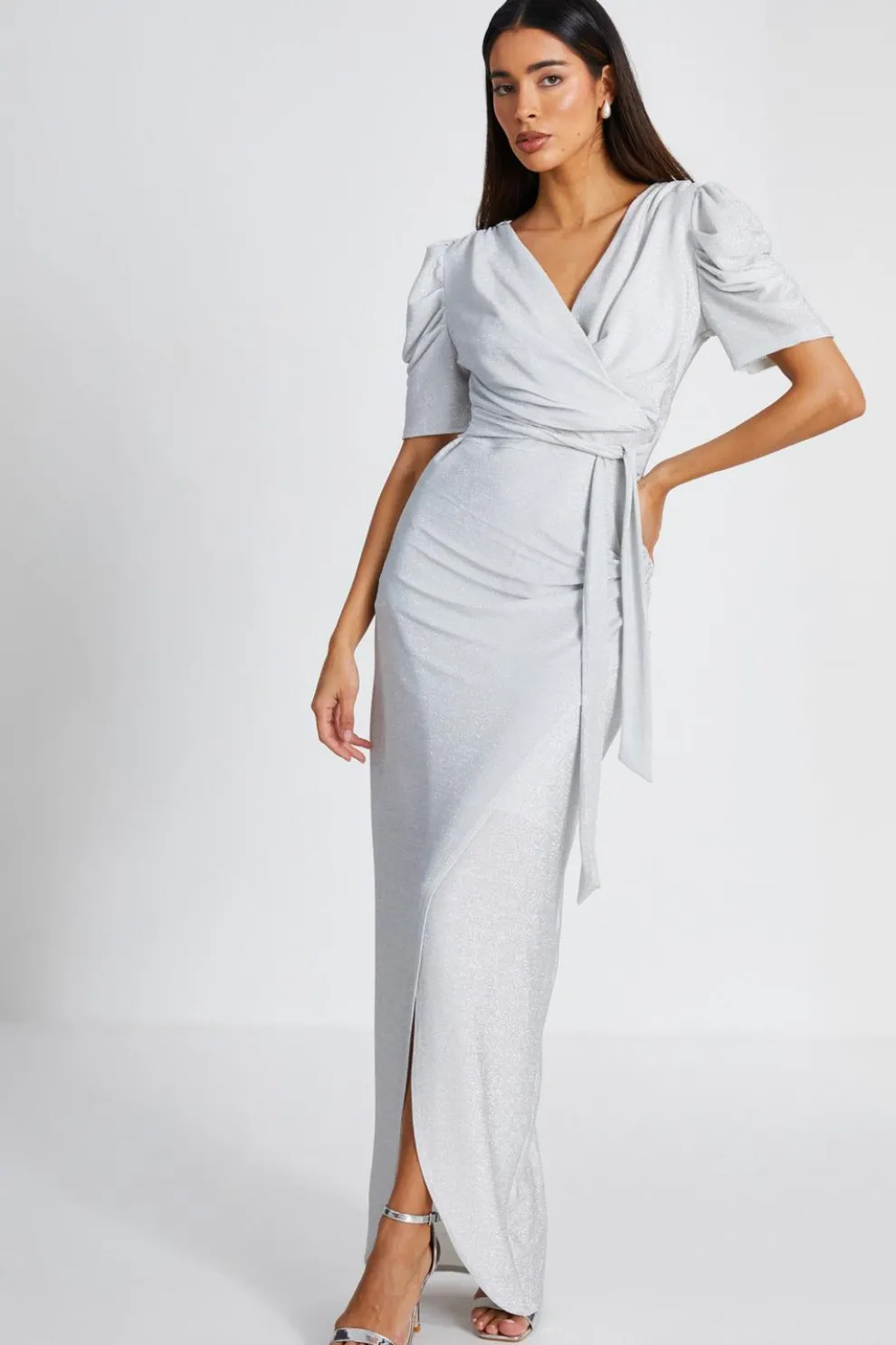 Silver Glitter Wrap Maxi Dress