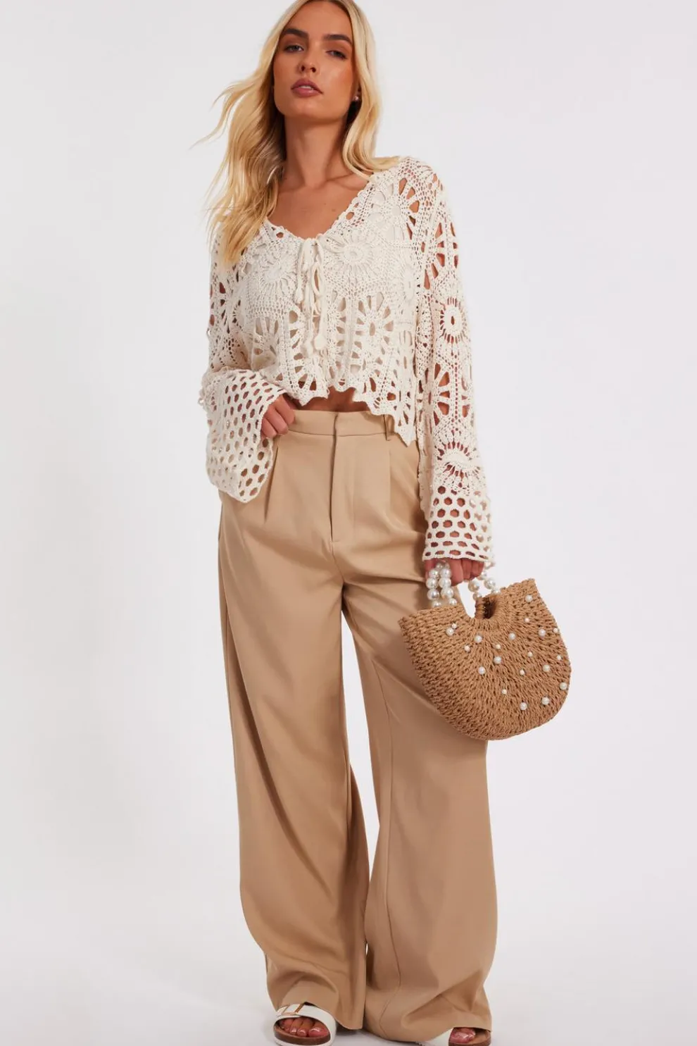 Stone Crochet Tie Front Cardigan