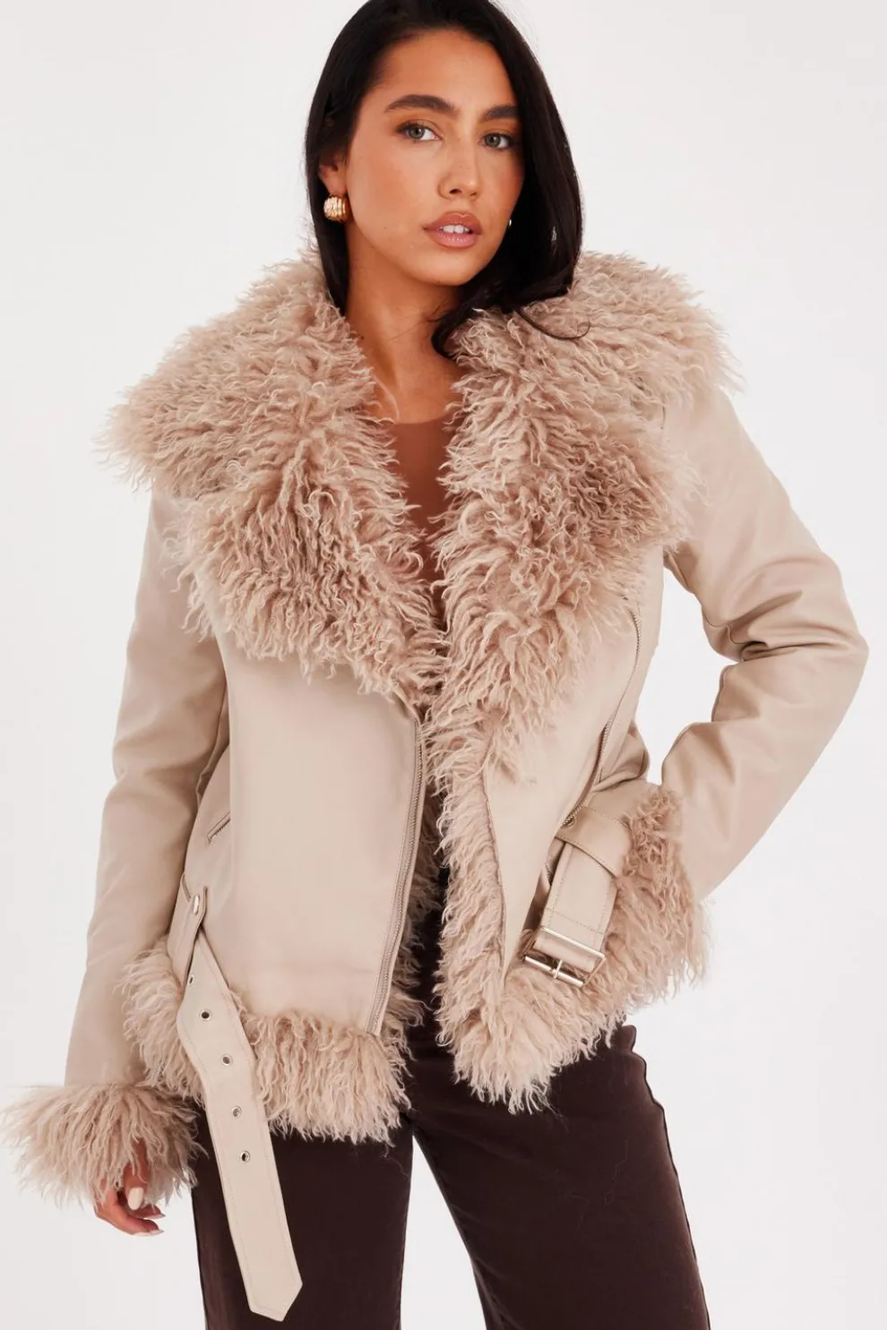 Stone Faux Fur Contrast Belted Jacket