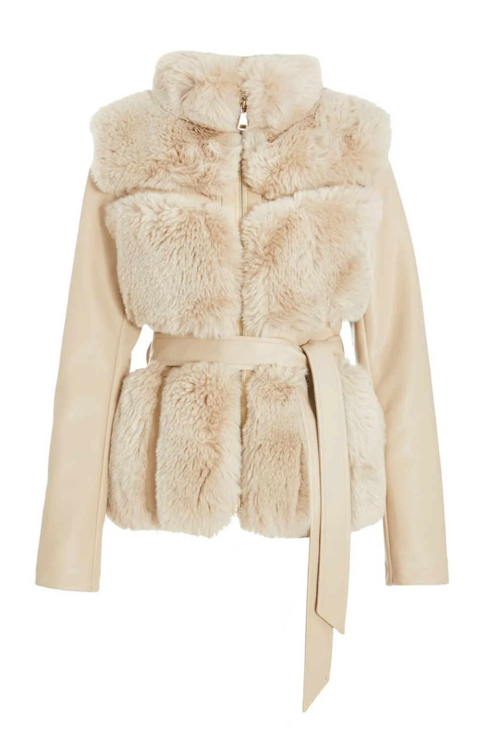 Stone Faux Fur Contrast Belted Jacket