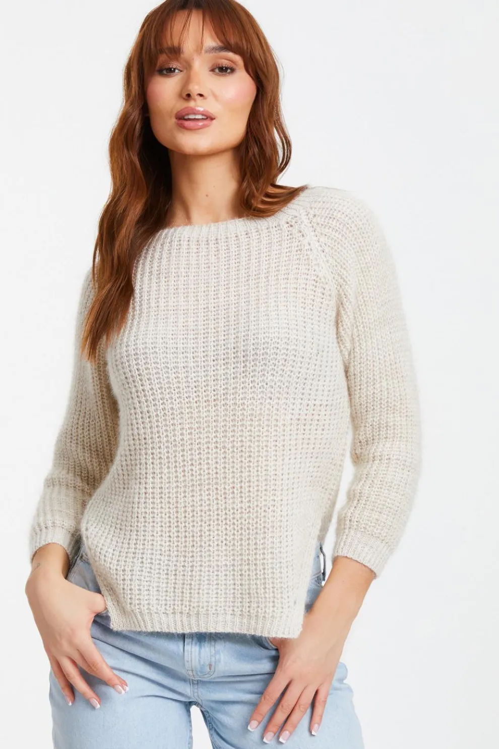 Stone Knit Split Hem Necklace Jumper
